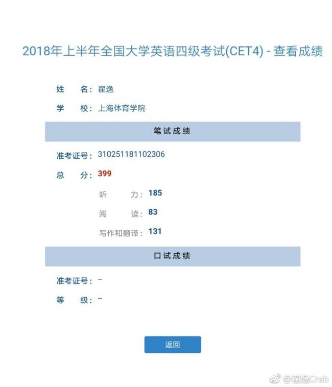 翟逸四级考试成绩单