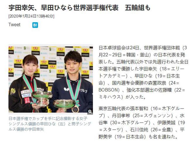日本公布世乒赛阵容